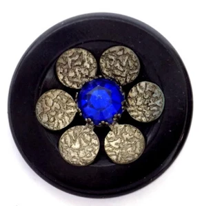 1 3/4 In Black Bakelite Flower Button Textured Aluminum Petals Blue Glass Center - Picture 1 of 2