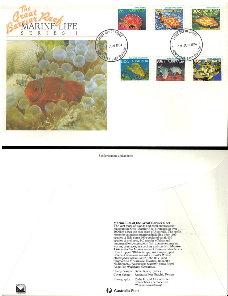 1984 Australian 1st Marine Life Series FDC Doncaster East Postmarks Barrier Reef - Image 1 of 1