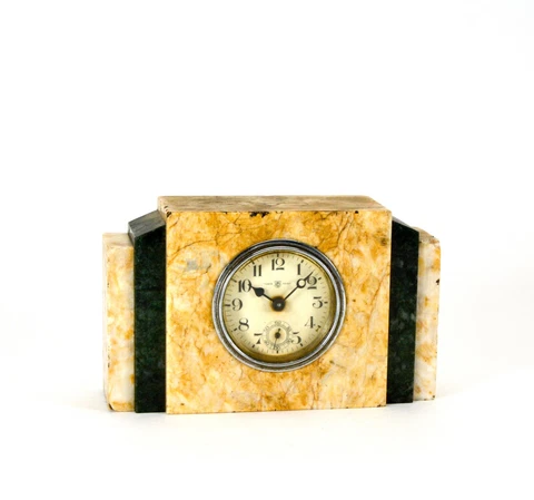 1920's Vintage Miniature French Marble Case Art Deco Clock with Second Hand Dial Cover