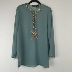 Mix it Petite Women’s Top Size Large Green Sheer Embroidered Sequin Maximalist - Picture 1 of 10