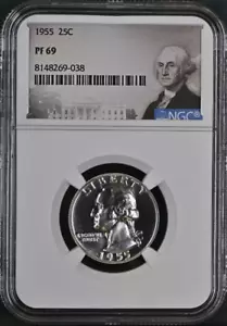 :1955-P 25C WASHINGTON QUARTER NGC NEAR PERFECT PF69 RARITY R3 HIGHEST GRADES - Picture 1 of 2