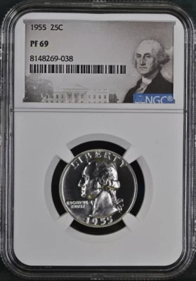 :1955-P 25C WASHINGTON QUARTER NGC NEAR PERFECT PF69 RARITY R3 HIGHEST GRADES - Image 1 of 2