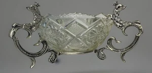 Antique Spelter Silver Tone 4 Footed Seahorses Mount, Floral Pressed Glass Bowl - Picture 1 of 7