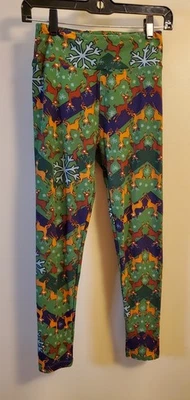 LuLaRoe OS Leggings Womens One Size Reindeer Snowflake Christmas Holiday Green - Image 1 of 4
