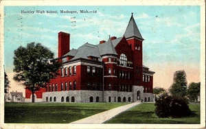 Hackley High School Muskegon MI Postcard 1935 Postmark Red Brick Building - Picture 1 of 5