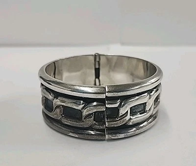 Links Joined Taxco 925 Sterling Heavy Hinged Bangle Bracelet (Size 7.5, 72.8g) - Image 1 of 4