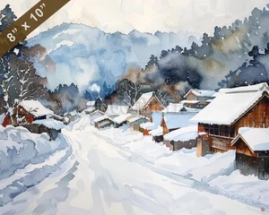 Hokkaido watercolor painting by a snowy village 8x10 Print  - Picture 1 of 1