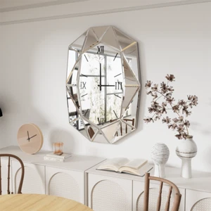 Large Wall Clock Beveled Diamond Edges Mirrored Silent Wall Clock Silver Mirror - Picture 1 of 21