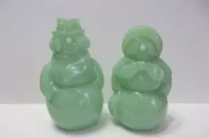 Fenton Glass Jadeite Jade Green Snowman & Snow Woman Figurine Pair Mosser Made - Picture 1 of 2