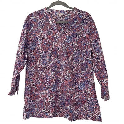 Túnica popover Talbots rosa azul paisley feminina grande manga 3/4 algodão nova sem etiquetas - Imagem 1 de 4