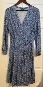 Pendleton Dress Womens LG Blue Faux Wrap Sand Dollar V Neck Cotton A Line PREPPY - Picture 1 of 18