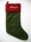 Pottery Barn Green VELVET Red Cuff Christmas Stocking w/ the name MACYN New!