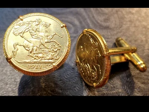 1911 St George w/ Sword Slaying Dragon Gold Tone Coin Cufflinks + Gift Box! - Picture 1 of 5
