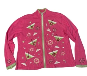 Vintage Jack B Quick Pink Beaded Sequin Martini Cocktail Drink Sweater Women XL - Picture 1 of 6