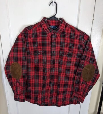 Vtg 90s Polo Ralph Lauren Woodsman Workshirt Flannel Plaid Leather Elbow Pads XL - Image 1 of 4