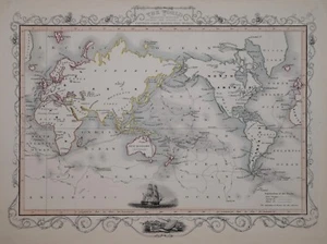 THE WORLD, SHOWING CAPTAIN COOK'S VOYAGES BY JOHN TALLIS CIRCA 1850. - Picture 1 of 1
