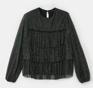 Boho Chic Party Pailletten Glitzer Schwarz Rüschen Sexy Top Silber Ärmel Sommer Urlaub - Bild 1 von 2