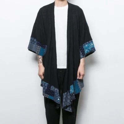 Men's Linen Open Front Waterfall Loose Cardigan Ethnic Jacket Kimono Top Coat - Image 1 of 4