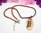 ABALONE SHELL PENDANT Necklace Vintage Oval Brown Wood Tube Beads Choker Beaded