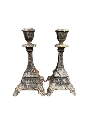 2 Vintage Heavily Dripped Wax  Metal  Candlesticks Holders Spell Casting Voodoo - Image 1 of 4