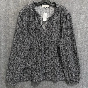 NEW LOFT Top Womens XXL Black White Ruffle Tie V Neck Flowy Stretch Tunic Office - Picture 1 of 12