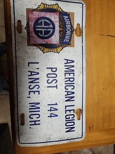 VINTAGE Metal LICENSE PLATE AIRBORNE AMERICAN LEGION POST 144 L'ANSE MICH - Picture 1 of 4