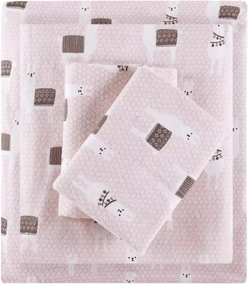 Cozy Cotton Flannel Sheet Set 4 Piece Cute Animal Print Full Pink Llamas - Image 1 of 4