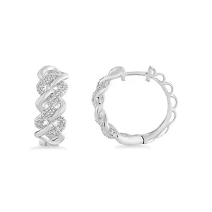 0.20 Ctw Round Cut IJ I2-I3 Natural Diamond Cuban Hoop Earrings 925 Silver - Picture 1 of 4