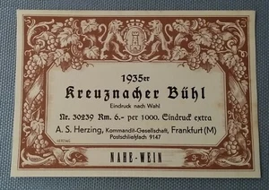 Old Pattern Label Wine Label 1935 Kreuznacher Bühl Herzing Frankfurt - Picture 1 of 2