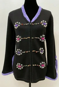 Storybook Knits Womens Be Jeweled Mardi Gras Fur Trim Cardigan Small Black Knit - Picture 1 of 12