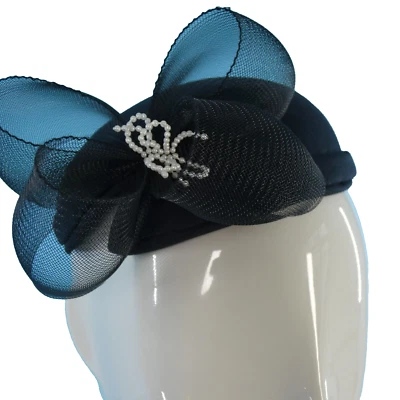 Vintage Pillbox Hat Fascinator Black Net Bow Faux Pearls Detail Formal 40s 50s - Image 1 of 4