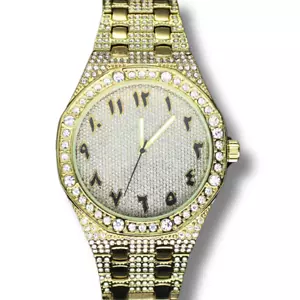 Reloj para hombre con correa de metal enchapado en oro con bisel árabe helado 46 mm hip hop circonio enchapado en oro - Imagen 1 de 4