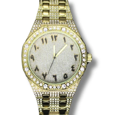 Reloj de pulsera de metal chapado en oro con bisel de número árabe helado 46 mm circonita cúbica para hombre Foto 1 de 2