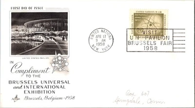Vintage Artcraft UN FDC Scott 59 Int'l Atomic Energy Visit Brussels NYC Postmark - Image 1 of 4