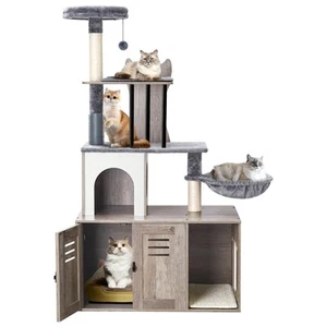 Cat Tree with Litter Box Enclosure Furniture, 2-in-1 Modern Cat Tower for Ind... - Picture 1 of 7