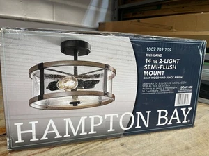 Hampton Bay Richland 2-Light Grey Wood Semi Flush Mount Clear Seedy Glass - Picture 1 of 9