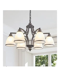 6-Light Chandeliers for Dining Room with Frosted Glass Black and Gold Strokes... - Picture 1 of 5