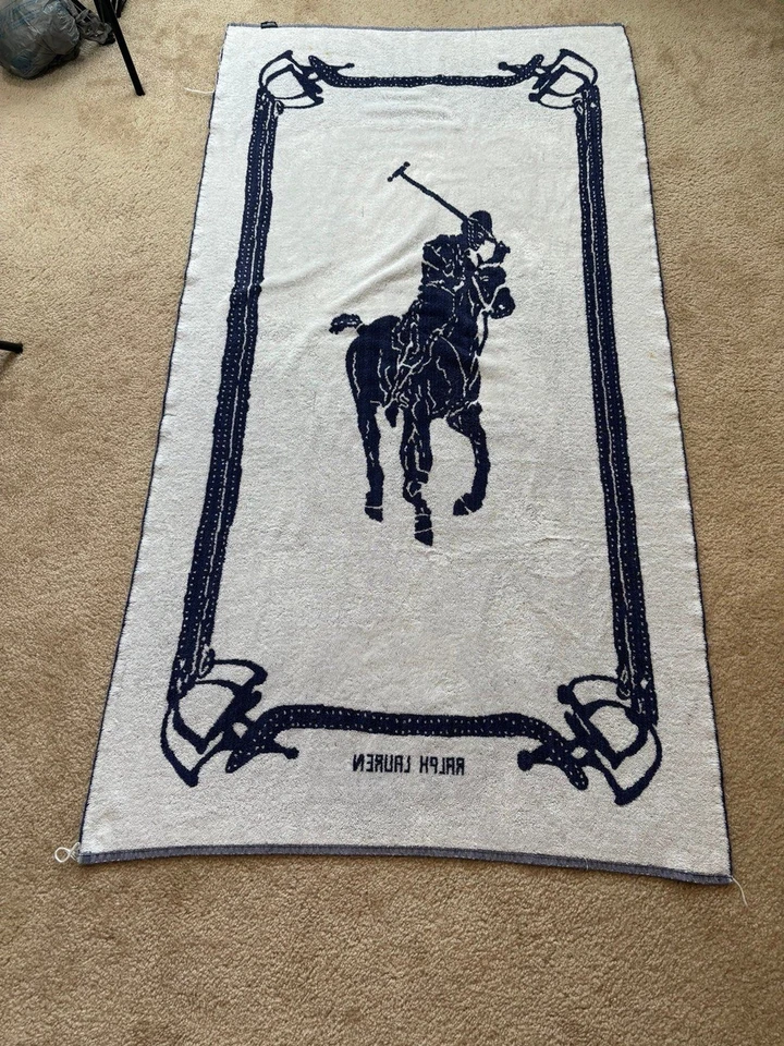 Toalha de praia vintage Ralph Lauren logotipo jogador polo reversível 66x35 pônei grande - Imagem 1 de 4