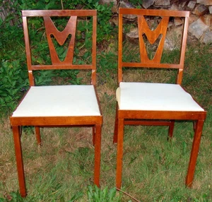 2 MCM Retro Leg O Matic Wood Folding Chairs Vinyl Seat Camper RV Airstream 1964 - Picture 1 of 9