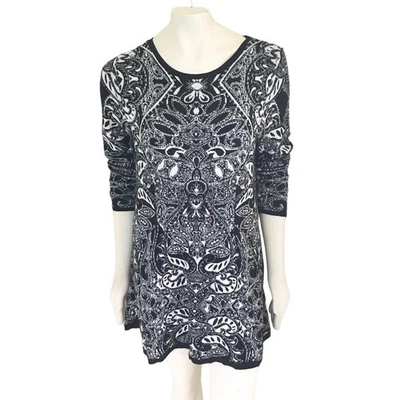 STYLE & CO Ethnic Print Lightweight Sweater Dress BlackWhite WOMENS LARGE PETITE - Image 1 of 4