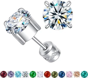 Titanium Flat Back Surgical Stainless Steel Stud Earrings for April (Diamond) - Picture 1 of 6