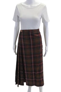 Designer Womens Wool Plaid Pleated Maxi Wrap Skirt Brown Size 14 - Picture 1 of 5