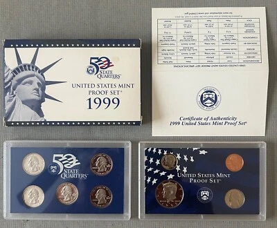 1999 S UNITED STATES Mint PROOF 9 Coin Set Original Box Certificate Authenticity - Image 1 of 4