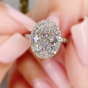 3.77 TCW Oval Cut Moissanite Halo Engagement Ring In 14k White Gold Plated - Picture 1 of 8