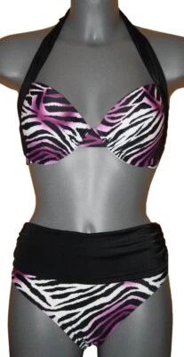 BÜGEL-BIKINI schwarz-weiss-lila NECKHOLDER+ BALCONETTE 40 42 44 46 CUP B NEU - Bild 1 von 2