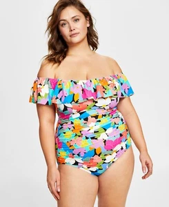 Swim Solutions Plus Size Tummy Control Off-The-Shoulder Ruffled Swimsuit Sz 20W - Picture 1 of 2