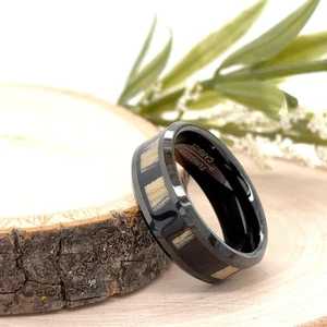 8mm Unisex Black Tungsten Ring Natural wood Inlay, Durable, Scratch-Resistant - Picture 1 of 4