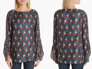 Lafayette 148 100% Silk Emory Blouse Print Ruffle Large Excellent Condition Art - Picture 1 of 11