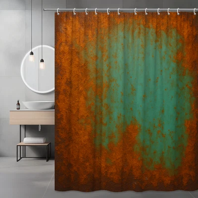 Cortina de ducha rústica naranja y verde azulado - Impermeable decoración del hogar Foto 1 de 4
