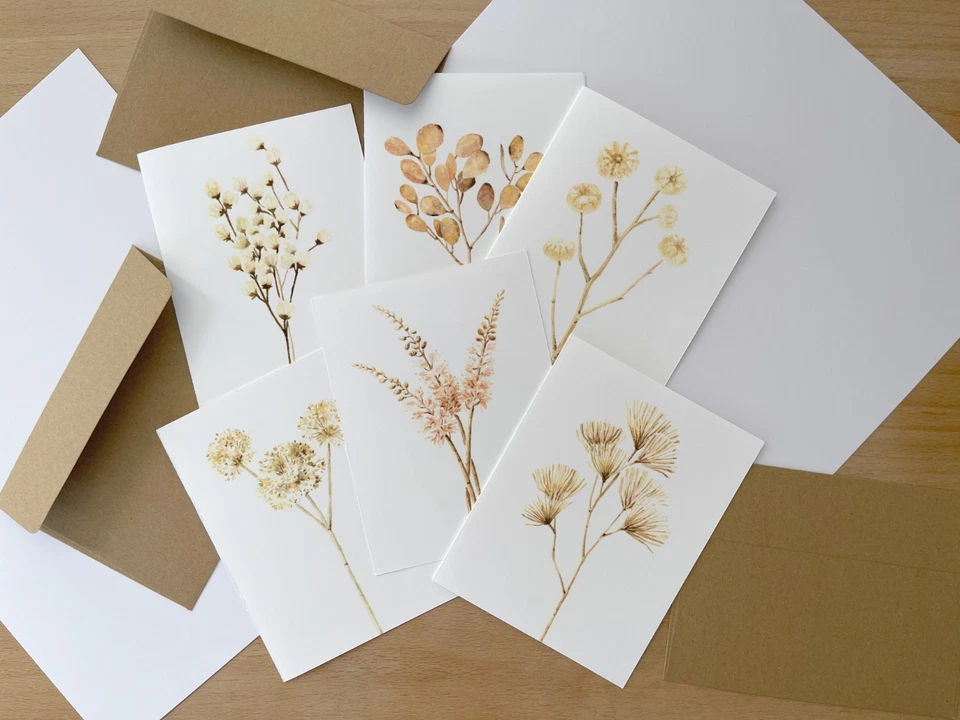 Juego de 6 tarjetas de notas en blanco papelería, ilustración botánica en acuarela A2 Foto 1 de 4